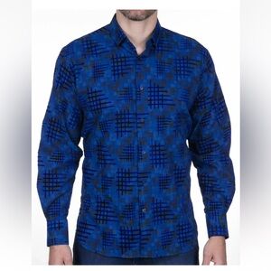 Luchiano Visconti Bright Blue Flocked Geometric Grid Long Sleeve Shirt Men’s M